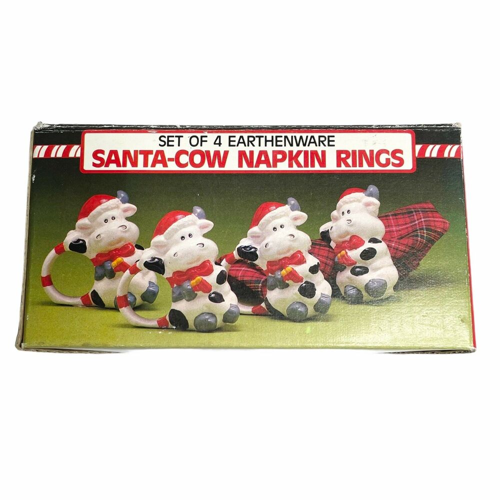 Set of 4 Santa Cow Christmas Napkin Rings holiday dining decorations farmhouse - Picture 2 of 7